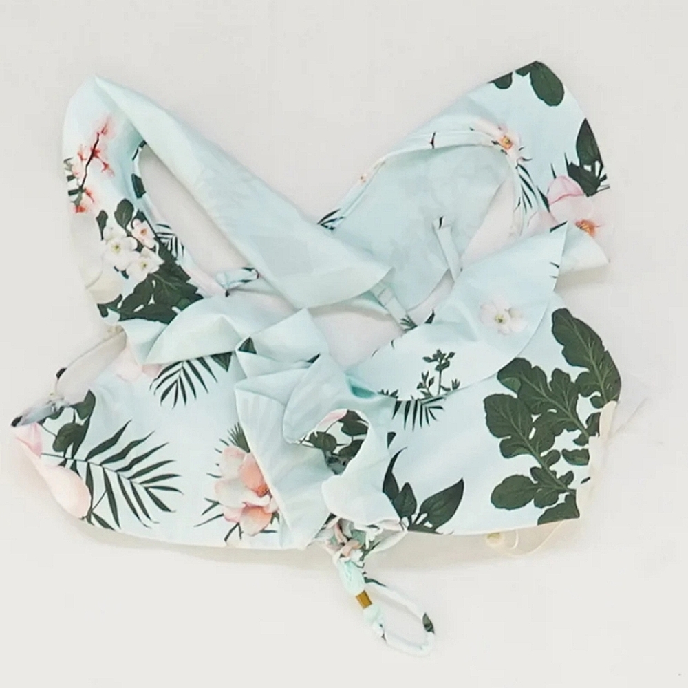 Agua Bendita - Blue Floral Ruffle Lace Up Swim Top - NWT